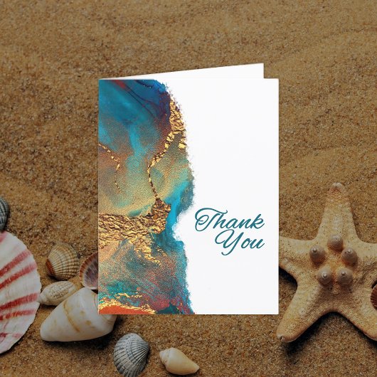 神秘的な抽象芸術ティール(緑がかった色)コーラル金ゴールドサンキュー サンキューカード
