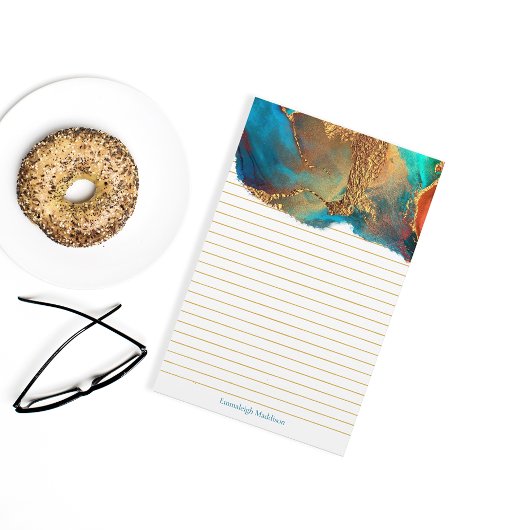 神秘的な抽象芸術ティール(緑がかった色)金ゴールドモノグラムライン 便箋