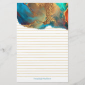 神秘的な抽象芸術ティール(緑がかった色)金ゴールドモノグラムライン 便箋 (正面)