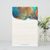 神秘的な抽象芸術ティール(緑がかった色)金ゴールドモノグラムライン 便箋 (スタンド正面)
