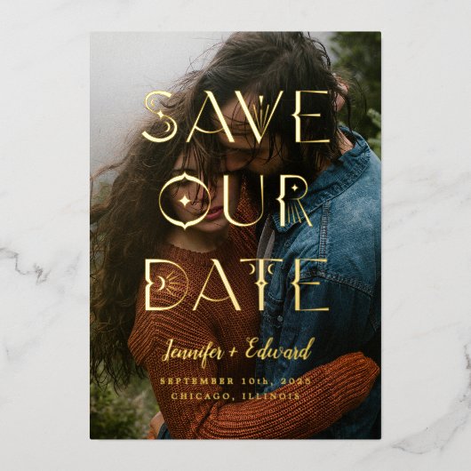 神秘的な日付の保存タイポグラフィ 箔招待状 (正面)