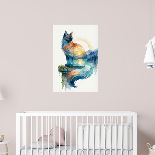 神秘的な日没の猫の二重露光水彩画 ポスター (子ども部屋2)