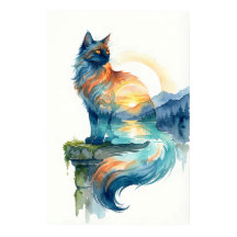 神秘的な日没の猫の二重露光水彩画