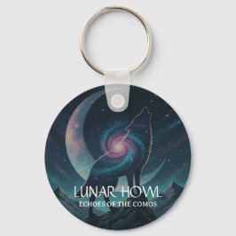 神秘的な星雲の月と銀河オオカミのシルエット キーホルダー