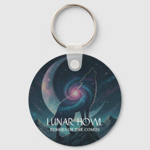 神秘的な星雲の月と銀河オオカミのシルエット キーホルダー