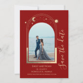 神秘的な暗い赤金ゴールド太陽の月の星天空 セーブザデート (正面)