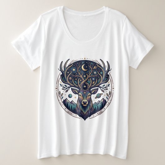 神秘的な月と星の芸術的な牡鹿の天体 プラスサイズTシャツ (デザイン正面)