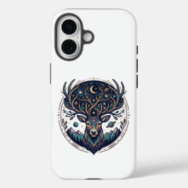 神秘的な月と星の芸術的な牡鹿デザイン iPhone 16ケース
