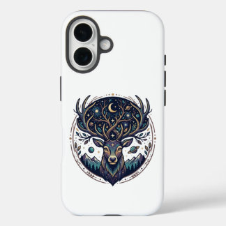 神秘的な月と星の芸術的な牡鹿デザイン iPhone 16ケース