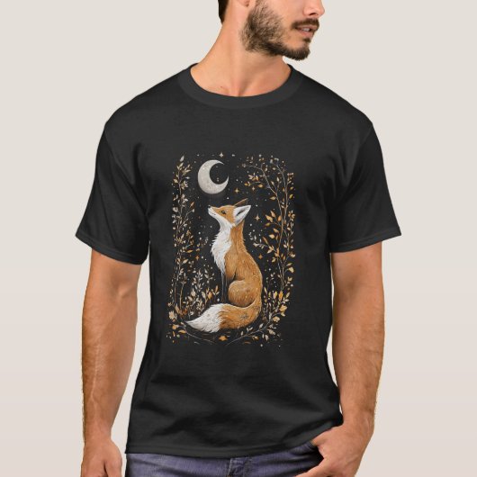 神秘的な月と月の満ち欠けの狐 神秘的な花 エスニック Tシャツ (正面)
