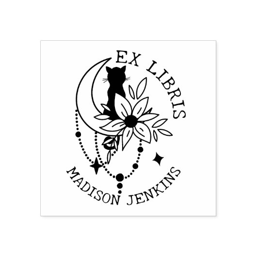 神秘的な月の猫の花とex Libris本 ラバースタンプ (インプリント)