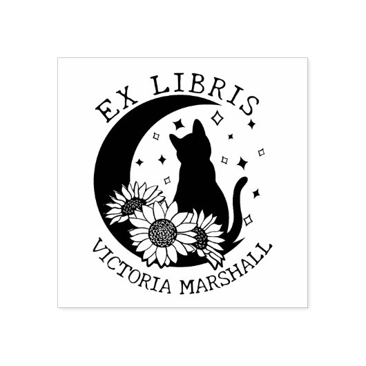 神秘的な月の猫ひまわり付きEx Libris Book ラバースタンプ (インプリント)