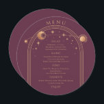 神秘的な梅金ゴールドサンムーンスターズ宇宙結婚ズ メニュー<br><div class="desc">神秘的なプラム金ゴールド太陽ムーンスター宇宙のメニューカード結婚は、金ゴールド太陽、月、星のフレームを梅の背景に配置し、金ゴールド書のスクリプトの中心にあなたのメニュー詳細をモダン。提供されている文字・ボックスで文字を編集してパーソナライズ。Evco Studio ©(www.zazzle.com/store/evcostudio)による設計</div>