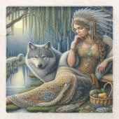 神秘的な森の中の月に照らされた魅力溢れる街 ガラスコースター (正面)