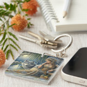 神秘的な森の中の月に照らされた魅力溢れる街 キーホルダー (正面右)