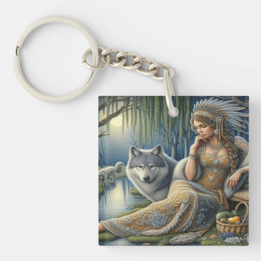 神秘的な森の中の月に照らされた魅力溢れる街 キーホルダー (正面)