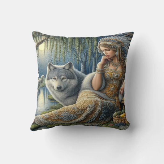 神秘的な森の中の月に照らされた魅力溢れる街 クッション (裏面)