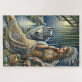 神秘的な森の中の月に照らされた魅力溢れる街 ジグソーパズル (横)