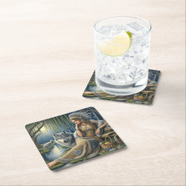 神秘的な森の中の月に照らされた魅力溢れる街 スクエアペーパーコースター