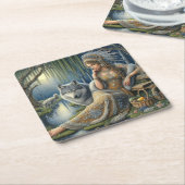 神秘的な森の中の月に照らされた魅力溢れる街 スクエアペーパーコースター (アングル)