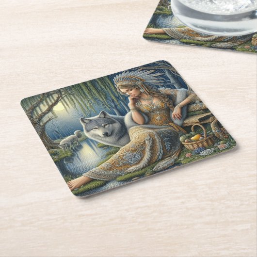 神秘的な森の中の月に照らされた魅力溢れる街 スクエアペーパーコースター (アングル)