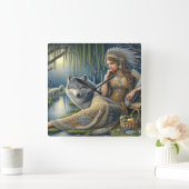 神秘的な森の中の月に照らされた魅力溢れる街 スクエア壁時計 (ホーム)