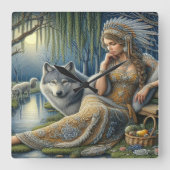 神秘的な森の中の月に照らされた魅力溢れる街 スクエア壁時計 (正面)