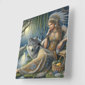 神秘的な森の中の月に照らされた魅力溢れる街 スクエア壁時計 (傾斜)