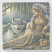 神秘的な森の中の月に照らされた魅力溢れる街 ストーンコースター (正面)