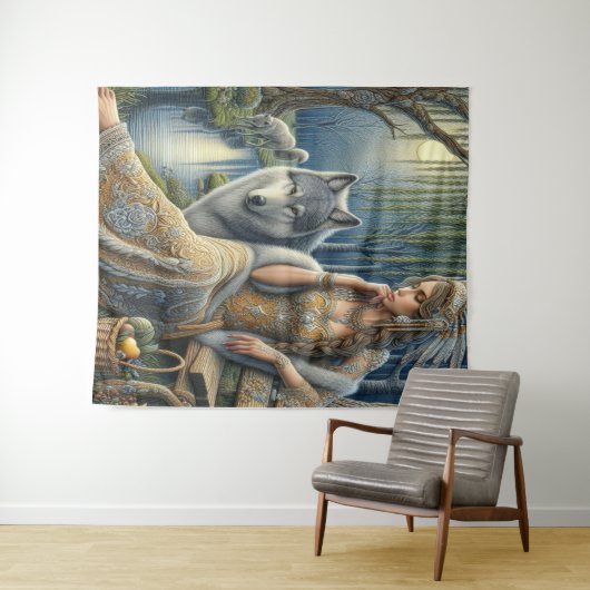 神秘的な森の中の月に照らされた魅力溢れる街 タペストリー (インサイチュ(横))