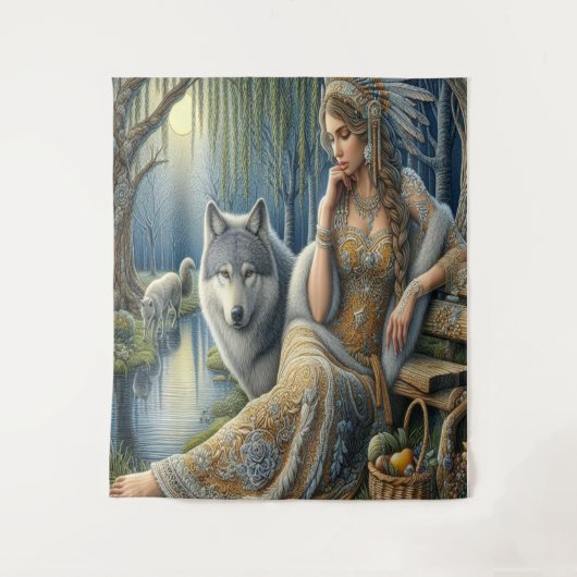 神秘的な森の中の月に照らされた魅力溢れる街 タペストリー (正面)