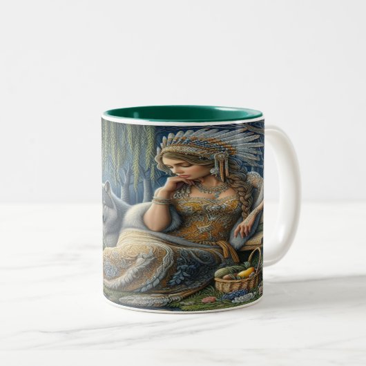 神秘的な森の中の月に照らされた魅力溢れる街 ツートーンマグカップ (正面右)