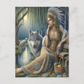 神秘的な森の中の月に照らされた魅力溢れる街 ポストカード (正面)