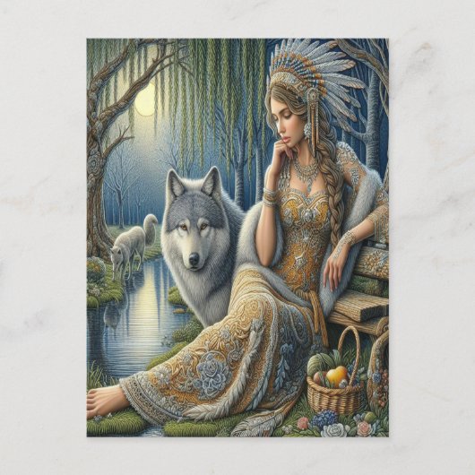 神秘的な森の中の月に照らされた魅力溢れる街 ポストカード (正面)