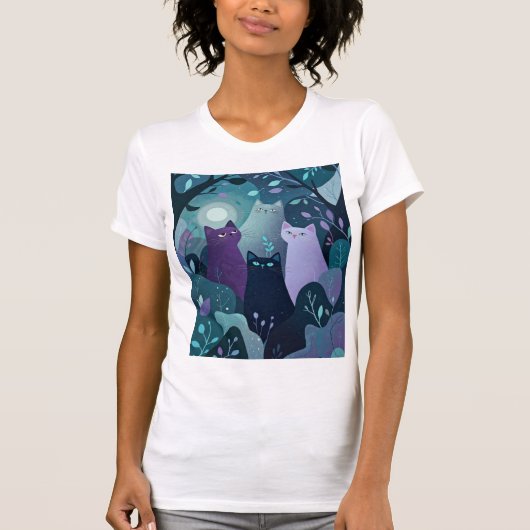 神秘的な森の猫アート　幻想的な夜の猫 Tシャツ (正面)
