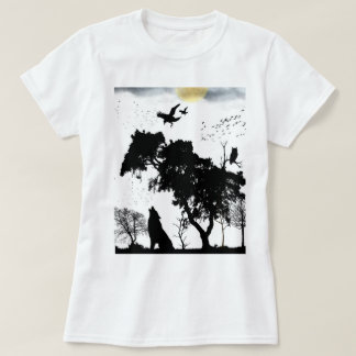 神秘的な森の野生動物のシルエット レトロな夕日 Tシャツ