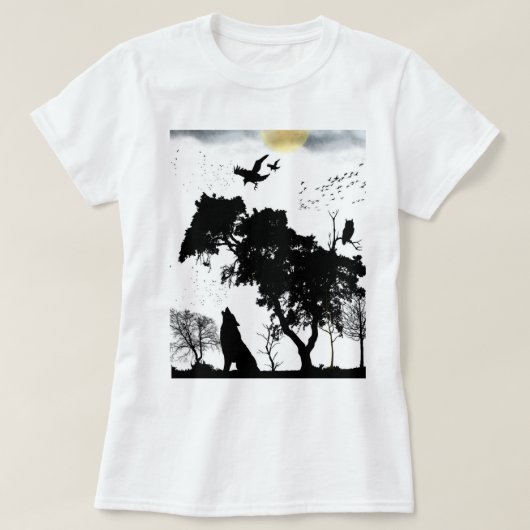 神秘的な森の野生動物のシルエット レトロな夕日 Tシャツ (デザイン正面)