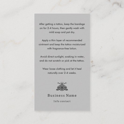 神秘的な死の蛾タトゥーアフターケアの指示 名刺 (裏面)