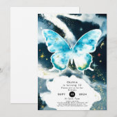 神秘的な水の色の蝶誕生日 招待状 (正面/裏面)