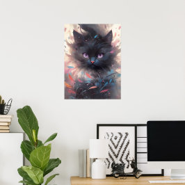 神秘的な水の色ブラックキャット |かわいい猫 ポスター