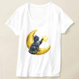 神秘的な水彩画の黒猫と金の三日月 Tシャツ