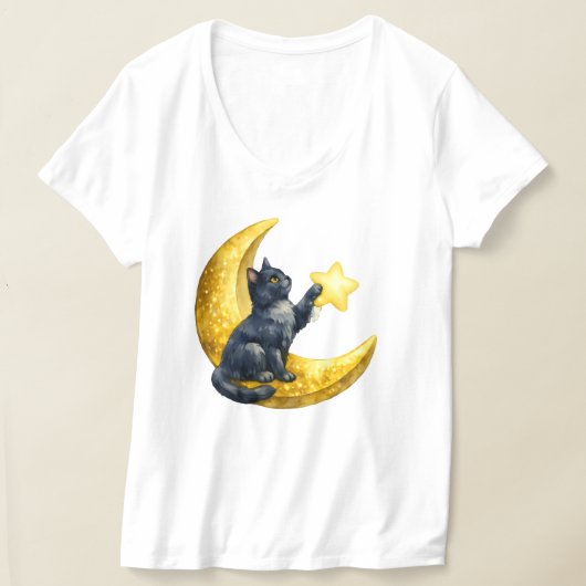 神秘的な水彩画の黒猫と金の三日月 Tシャツ (レイダウン)