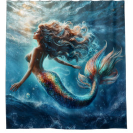 神秘的な海マーメイドサイレンのカラフルテールアート シャワーカーテン