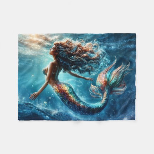 神秘的な海マーメイドサイレンのカラフルテールアート フリースブランケット (正面(横))