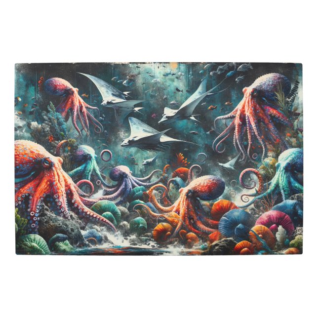 神秘的な深さ：オセアニック・バルのオクトプス&マンタ メタルプリント (正面)
