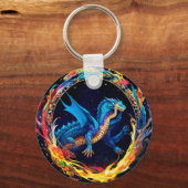 神秘的な炎に囲まれた魔法のブルードラゴン キーホルダー (裏面)