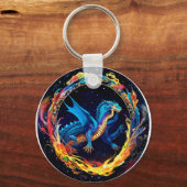神秘的な炎に囲まれた魔法のブルードラゴン キーホルダー (正面)