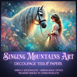 神秘的な牧草地の馬と女の子のデコページ 薄葉紙