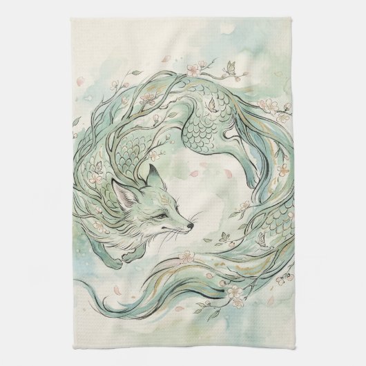 神秘的な狐の竜の水彩画 (1) キッチンタオル (縦)