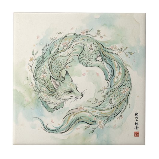 神秘的な狐の竜の水彩画 (1) タイル (正面)